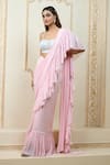 Buy_Aariyana Couture_Pink Bustier Satin Lycra Hand Embroidered Floral Pre-draped Ruffle Saree With _Online_at_Aza_Fashions