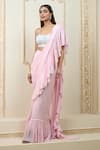 Shop_Aariyana Couture_Pink Bustier Satin Lycra Hand Embroidered Floral Pre-draped Ruffle Saree With _Online_at_Aza_Fashions