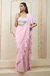 Shop_Aariyana Couture_Pink Bustier Satin Lycra Hand Pre-draped Ruffle Saree With  _at_Aza_Fashions