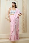 Aariyana Couture_Pink Bustier Satin Lycra Hand Embroidered Floral Pre-draped Ruffle Saree With _at_Aza_Fashions