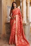 Buy_Geroo Jaipur_Peach Dola Silk Woven Floral Saree With Unstitched Blouse Piece _at_Aza_Fashions