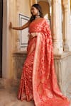 Geroo Jaipur_Peach Dola Silk Woven Floral Saree With Unstitched Blouse Piece _Online_at_Aza_Fashions