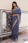 Geroo Jaipur_Blue Denim Zari, Embroidery Flower Woven Saree With Unstitched Blouse Piece _Online_at_Aza_Fashions