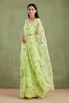 Buy_Geroo Jaipur_Green Saree Chiffon Hand Painted Floral With Unstitched Blouse Piece _Online_at_Aza_Fashions