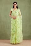 Buy_Geroo Jaipur_Green Saree Chiffon Hand Painted Floral With Unstitched Blouse Piece _at_Aza_Fashions