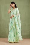 Geroo Jaipur_Green Saree Chiffon Hand Painted Leaf With Unstitched Blouse Piece _Online_at_Aza_Fashions