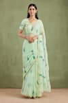 Buy_Geroo Jaipur_Green Saree Chiffon Hand Painted Leaf With Unstitched Blouse Piece _at_Aza_Fashions