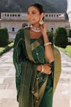 Geroo Jaipur_Green Dola Silk Hand Embroidered And Gota Saree With Unstitched Blouse Piece _at_Aza_Fashions