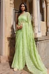 Buy_Geroo Jaipur_Green Saree Chiffon Hand Embroidered Chevron With Unstitched Blouse Piece _at_Aza_Fashions