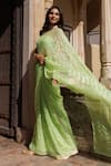 Buy_Geroo Jaipur_Green Saree Chiffon Hand Embroidered Chevron With Unstitched Blouse Piece 