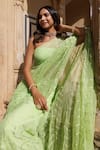 Shop_Geroo Jaipur_Green Saree Chiffon Hand Embroidered Chevron With Unstitched Blouse Piece 