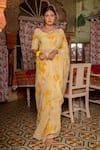 Buy_Geroo Jaipur_Yellow Saree Chiffon Hand Painted And Embellished With Unstitched Blouse Piece _at_Aza_Fashions