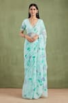 Buy_Geroo Jaipur_Green Saree Chiffon Hand Painted And Embellished With Unstitched Blouse Piece _at_Aza_Fashions