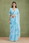 Buy_Geroo Jaipur_Blue Saree Chiffon Hand Painted And Embellished With Unstitched Blouse Piece _at_Aza_Fashions