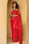 Buy_Geroo Jaipur_Red Saree Chiffon Hand Painted And Embellished With Unstitched Blouse Piece _at_Aza_Fashions