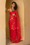 Buy_Geroo Jaipur_Red Saree Chiffon Hand Painted And Embellished With Unstitched Blouse Piece _Online_at_Aza_Fashions