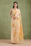 Buy_Geroo Jaipur_Beige Saree Chiffon Hand Painted And Embellished With Unstitched Blouse Piece_at_Aza_Fashions