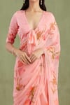 Buy_Geroo Jaipur_Pink Saree Chiffon Hand Painted And Blossom With Unstitched Blouse Piece _Online_at_Aza_Fashions