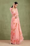 Shop_Geroo Jaipur_Pink Saree Chiffon Hand Painted And Blossom With Unstitched Blouse Piece _Online_at_Aza_Fashions