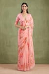 Buy_Geroo Jaipur_Pink Saree Chiffon Hand Painted And Blossom With Unstitched Blouse Piece _at_Aza_Fashions