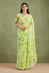 Buy_Geroo Jaipur_Green Saree Chiffon Hand Painted And Embellished With Unstitched Blouse Piece _at_Aza_Fashions