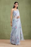 Buy_Geroo Jaipur_Grey Saree Chiffon Hand Painted And Embellished & With Unstitched Blouse Piece _Online_at_Aza_Fashions