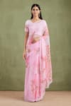 Buy_Geroo Jaipur_Pink Saree Chiffon Handpainted Floral With Unstitched Blouse _at_Aza_Fashions