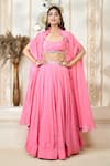 Buy_Aariyana Couture_Coral Organa Embroidered Sweetheart Ruffle Cape Lehenga Set _at_Aza_Fashions