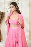 Aariyana Couture_Coral Organa Embroidered Sweetheart Ruffle Cape Lehenga Set _at_Aza_Fashions