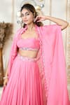 Buy_Aariyana Couture_Coral Organa Embroidered Sweetheart Ruffle Cape Lehenga Set 