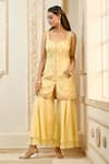 Buy_Aariyana Couture_Yellow Kurta Bamber Silk Embroidered Floral Vine Scoop Sharara Set  _Online_at_Aza_Fashions