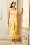 Shop_Aariyana Couture_Yellow Kurta Bamber Silk Embroidered Floral Vine Scoop Sharara Set  _Online_at_Aza_Fashions