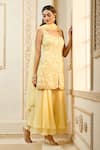 Buy_Aariyana Couture_Yellow Kurta Bamber Silk Embroidered Floral Vine Scoop Sharara Set  