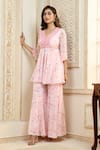 Buy_Aariyana Couture_Pink Viscose Organza Printed Rose Petal V Peplum Top And Sharara Set  _at_Aza_Fashions