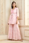 Buy_Aariyana Couture_Pink Viscose Organza Printed Rose Petal V Peplum Top And Sharara Set  _Online_at_Aza_Fashions