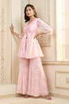 Shop_Aariyana Couture_Pink Viscose Organza Printed Rose Petal V Neck Peplum Top And Sharara Set _Online_at_Aza_Fashions