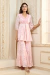 Shop_Aariyana Couture_Pink Viscose Organza Printed Rose Petal V Neck Peplum Top And Sharara Set _at_Aza_Fashions