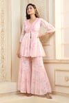 Aariyana Couture_Pink Viscose Organza Printed Rose Petal V Peplum Top And Sharara Set  _at_Aza_Fashions