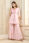 Buy_Aariyana Couture_Pink Viscose Organza Printed Rose Petal V Peplum Top And Sharara Set  