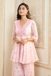 Aariyana Couture_Pink Viscose Organza Printed Rose Petal V Peplum Top And Sharara Set  _Online