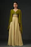 Buy_Vedika Soni_Green Crepe, Net Mirrors, Embroidery V-neck Solid Cape Flared Pant Set _at_Aza_Fashions