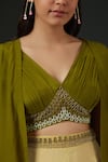 Buy_Vedika Soni_Green Crepe, Net Mirrors, Embroidery V-neck Solid Cape Flared Pant Set _Online_at_Aza_Fashions