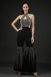 Buy_Vedika Soni_Black Net Embroidery Metallic Chain Stripe Bodysuit And Bell Bottom Pant Set _at_Aza_Fashions