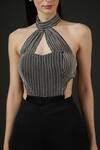 Buy_Vedika Soni_Black Net Embroidery Metallic Chain Stripe Bodysuit And Bell Bottom Pant Set _Online_at_Aza_Fashions