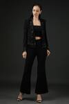 Buy_Vedika Soni_Black Banana Crepe Embroidery Cutdana Coat Notched Lapel Bell Bottom Pant Set _at_Aza_Fashions