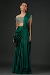 Buy_Vedika Soni_Emerald Green Satin Embroidery Sequin Sweetheart Pre-draped Saree With Blouse _at_Aza_Fashions