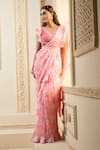 Buy_Aariyana Couture_Pink Chiffon Printed Rose Petal V Neck Pre-draped Saree With Blouse  _at_Aza_Fashions