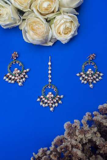 Buy_Zevar By Geeta_Green Pearls, Stones Emerald Embellished Earrings With Maangtikka _at_Aza_Fashions