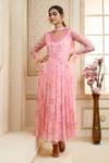 Buy_Aariyana Couture_Pink Chiffon, Satin Embroidery V-neck Rose Petal Floral Print Anarkali Set_at_Aza_Fashions
