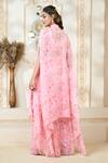 Shop_Aariyana Couture_Pink Chiffon Embroidery Scoop Neck Rose Petal Print Flared Pant Cape Set_at_Aza_Fashions